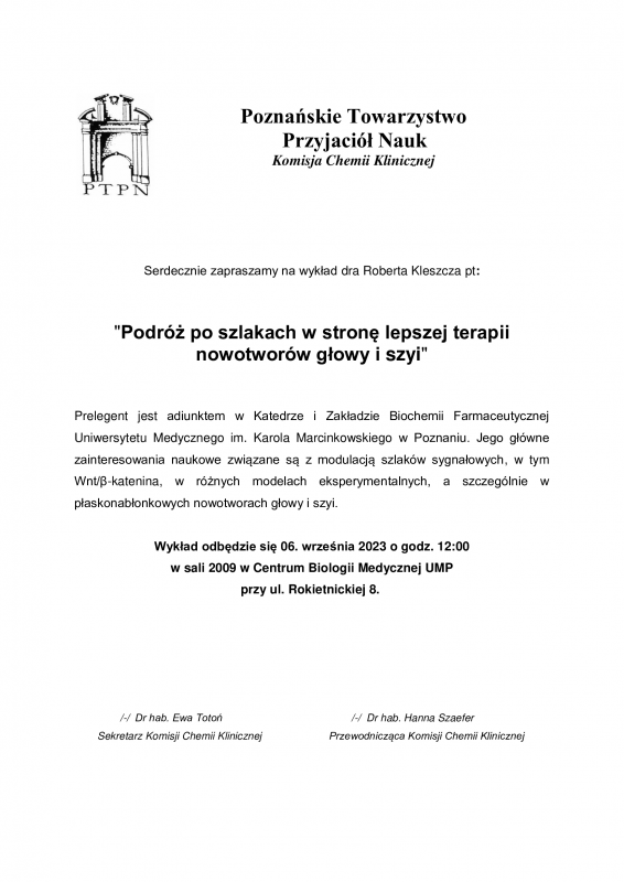 To zdjęcie ukazuje zaproszenie na wykład Dr. Roberta Kleszcza. Na zdjęciu znajduje się również krótka charakteryzacja Dr. Kleszcza oraz opis jego obszarów zainteresowań. Ponadto, dostępna jest istotna informacja dotycząca daty i miejsca wykładu.